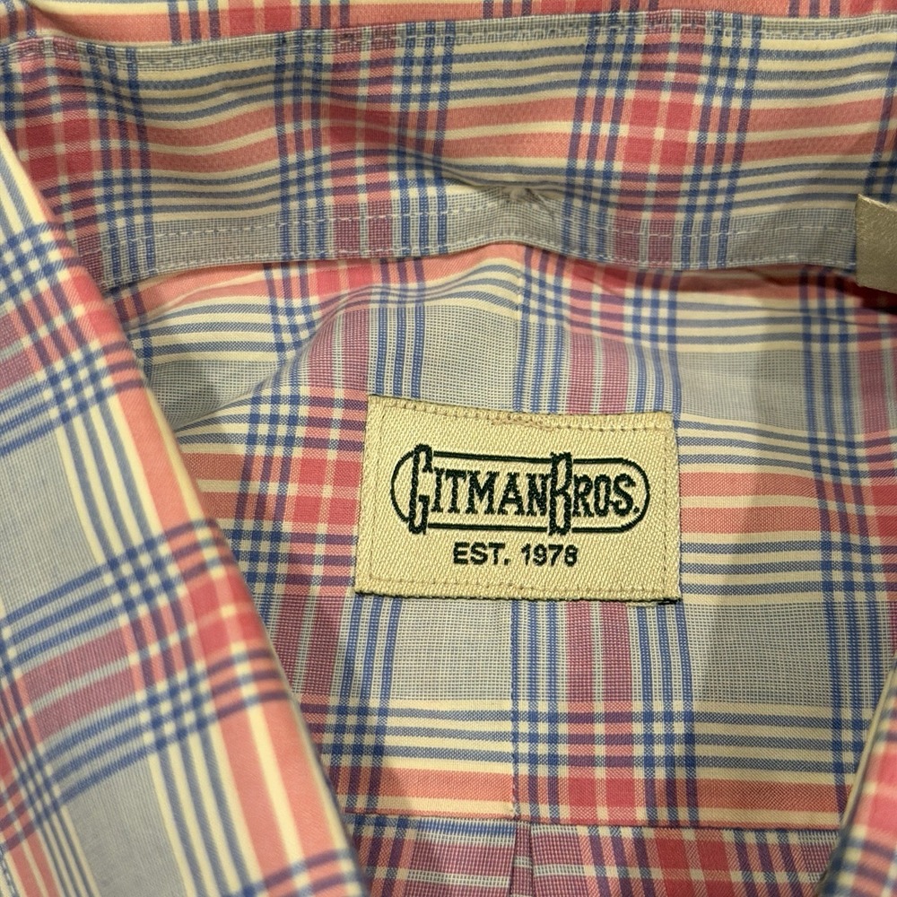 Gitman Bros Shirt Mens Large Blue/Pink Plaid 100% Cotton Made USA Button Down - Picture 3 of 8